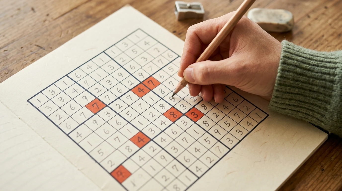 Main qui remplit une grille de chiffres au crayon sur papier crème