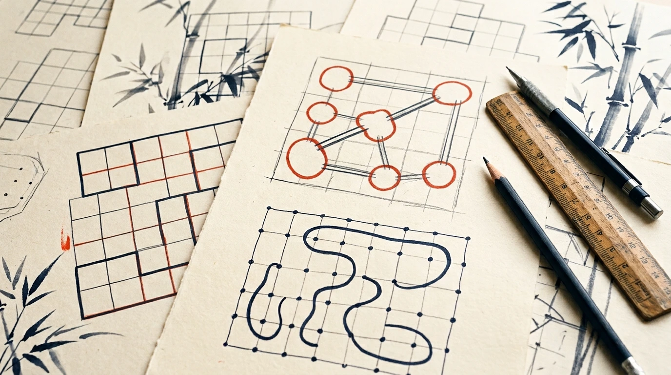 Sélection de jeux de logique japonais croqués sur papier crème