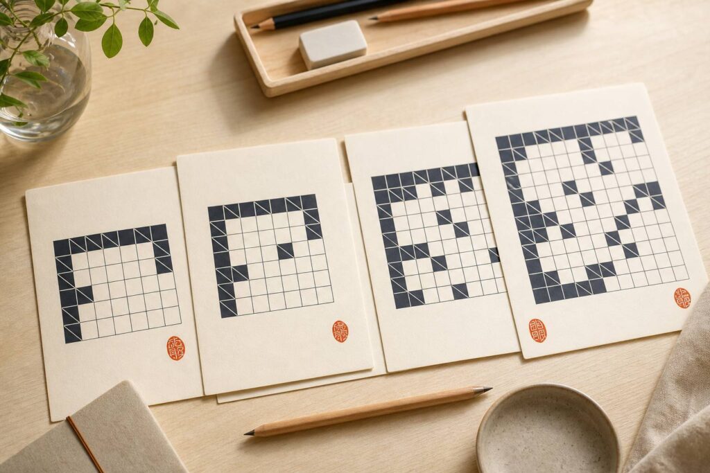 Livre et grilles Kakuro a imprimer en PDF poses sur une table