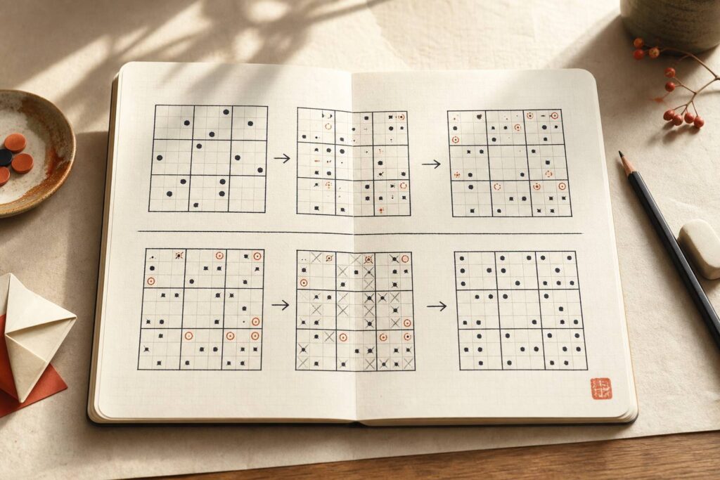 Carnet ouvert avec methode pas a pas pour resoudre le Sudoku
