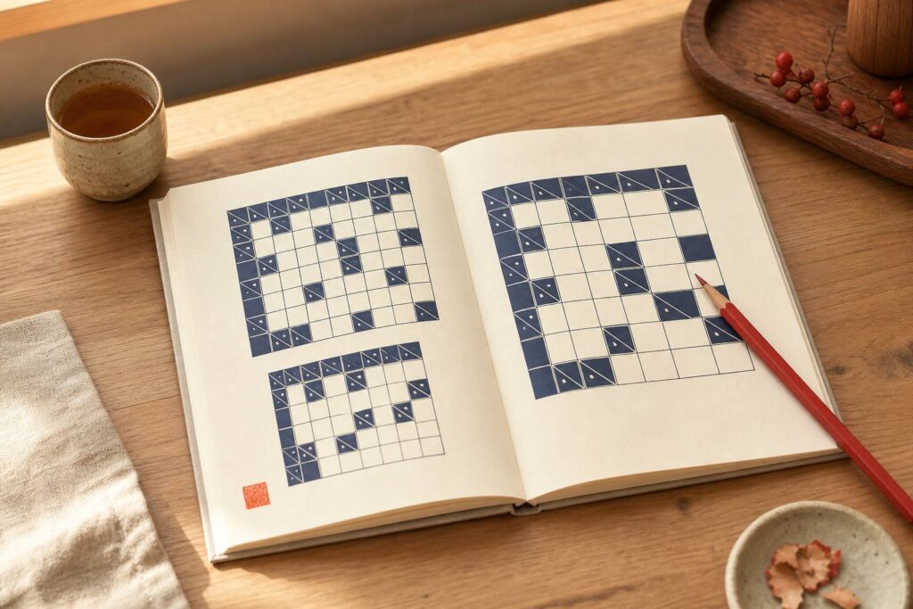 Cahier de regles de jeu Kakuro avec crayons sur fond chaleureux