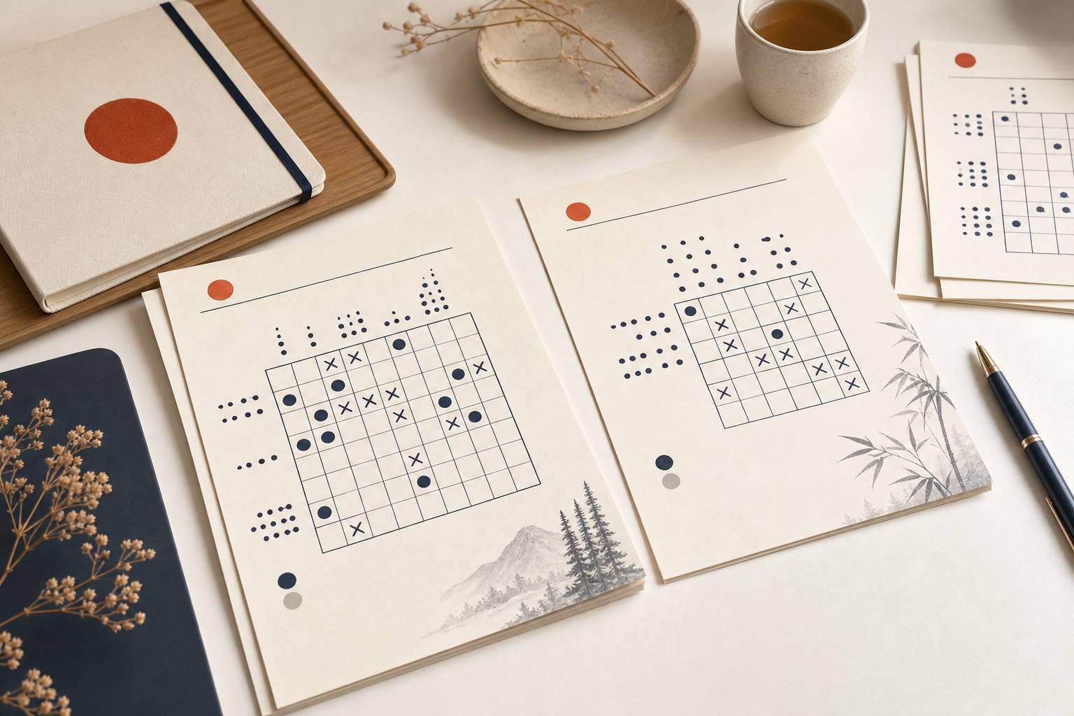 Page de grille de jeu Yakazu posee sur une table avec crayon