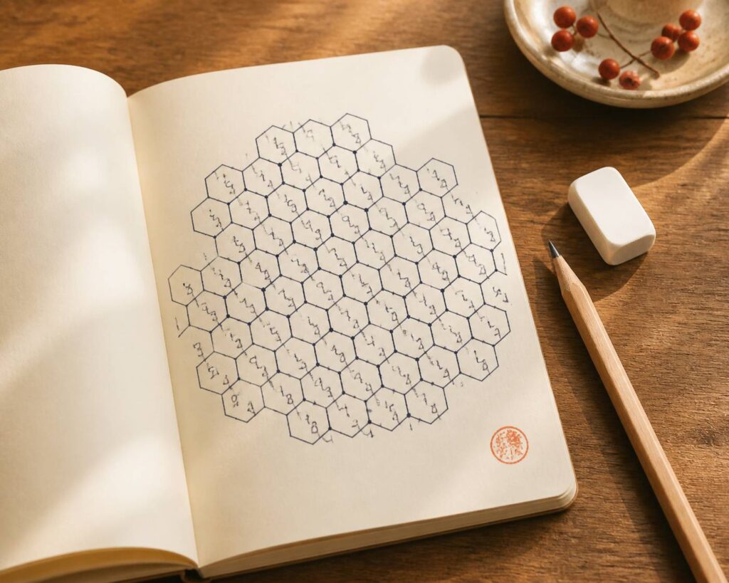 Cahier de jeux ouvert avec une grille hexagonale de chiffres et un crayon