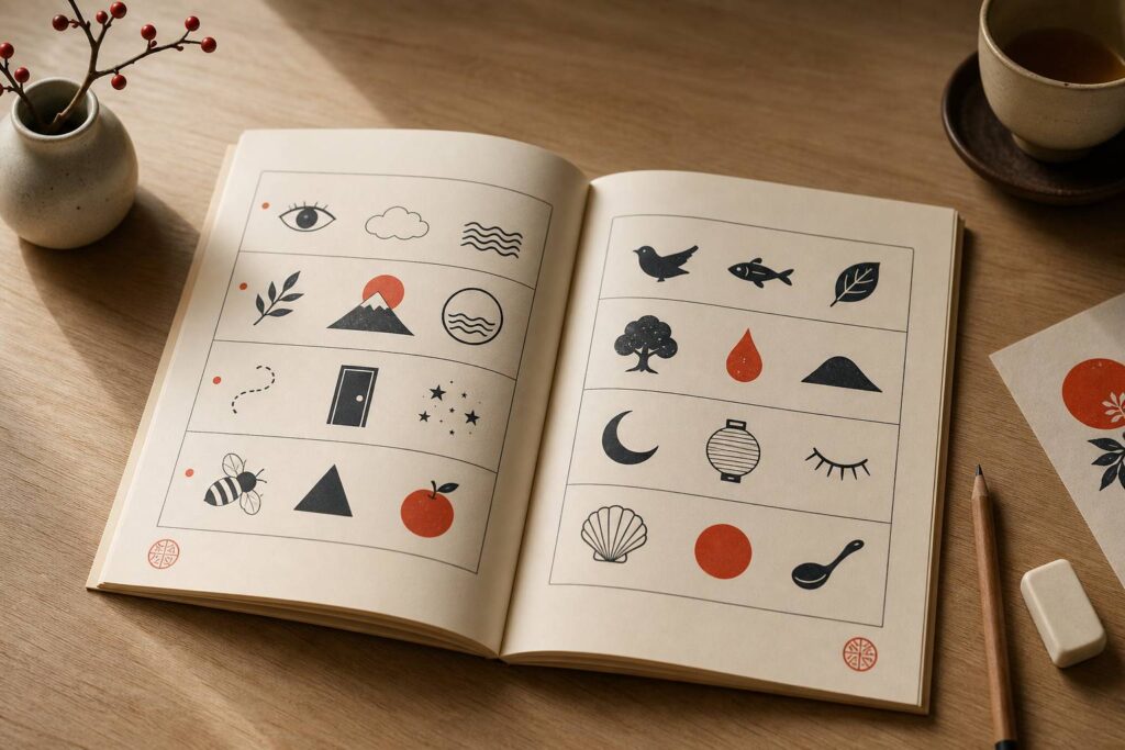 Cahier de jeux de rébus ouvert avec dessins d'images à deviner et crayon sur une table en bois