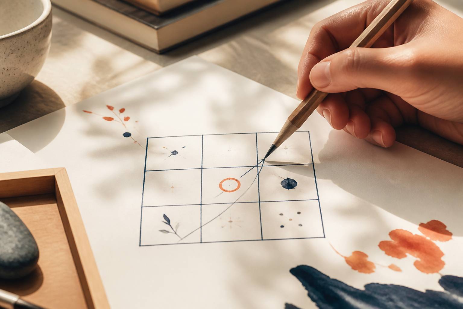 Flèche diagonale dessinée au crayon sur une grille de carré magique