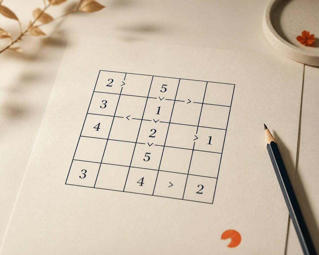 Grille de puzzle Futoshiki avec chiffres et symboles d'inégalité sur papier crème avec un crayon
