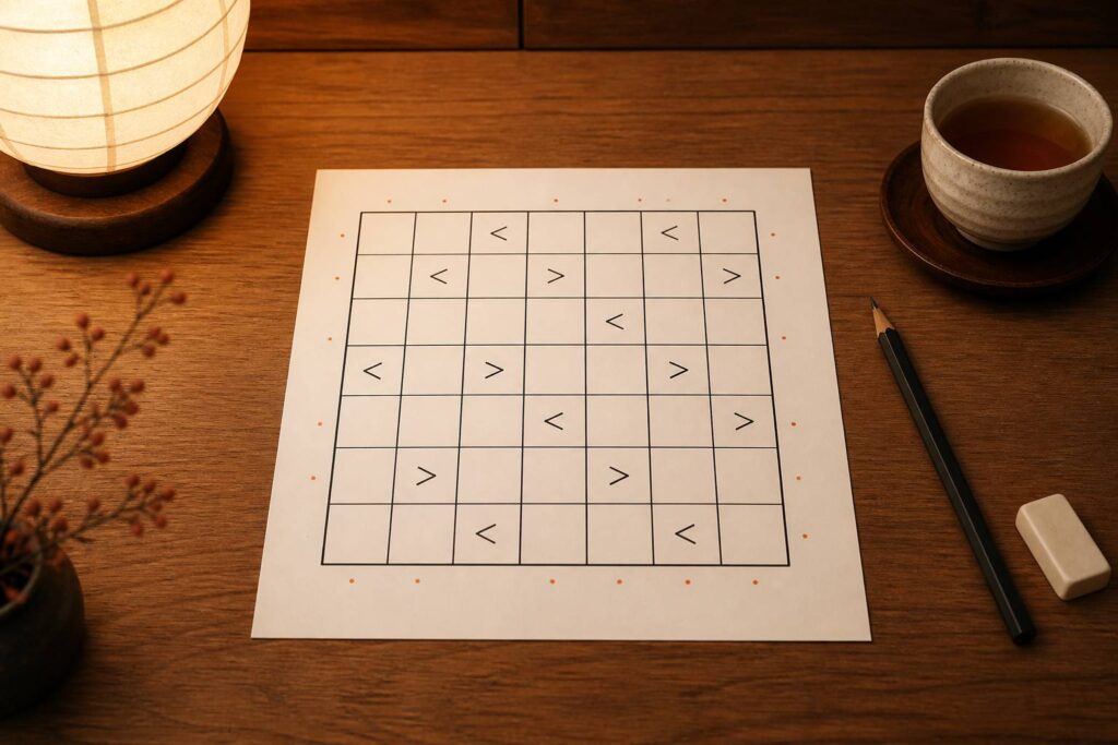 Grille de puzzle futoshiki sur papier crème avec crayon et gomme