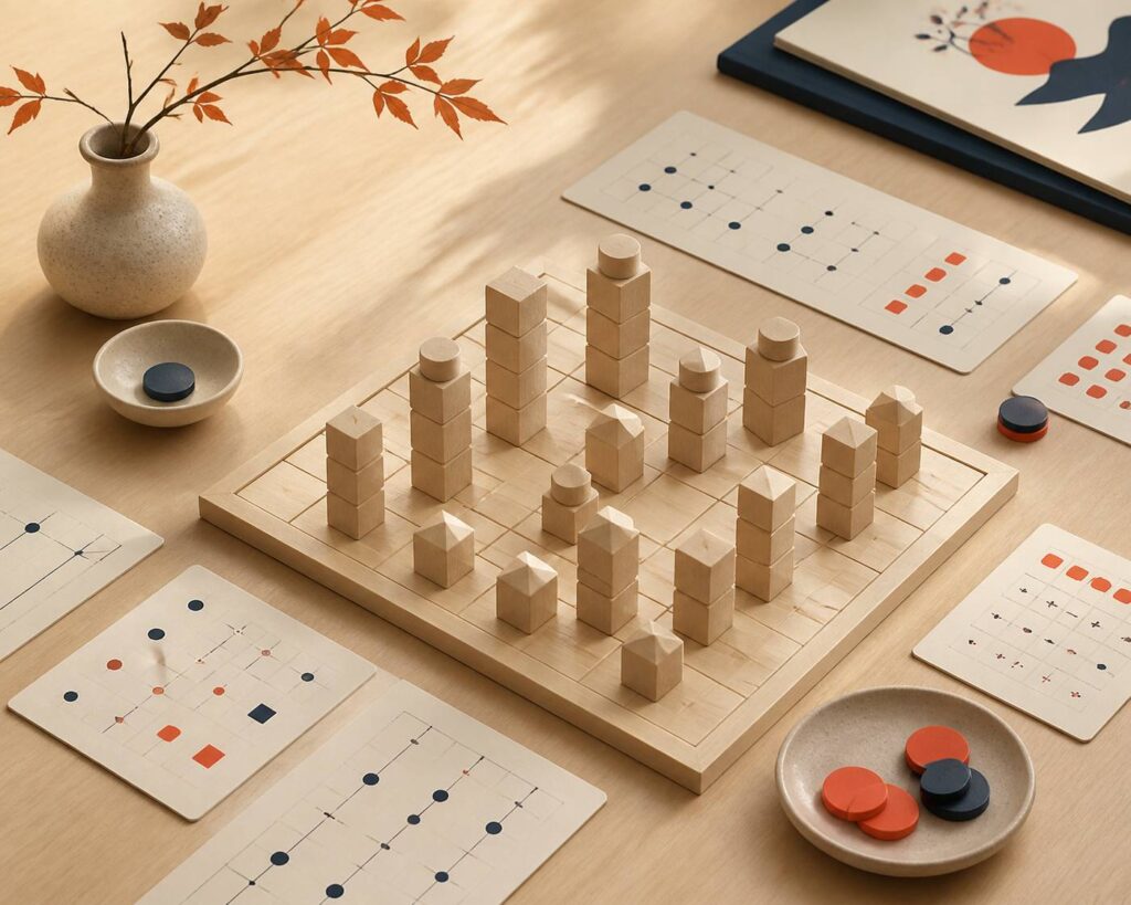 Plateau de jeu en bois avec des tours de différentes hauteurs sur une grille