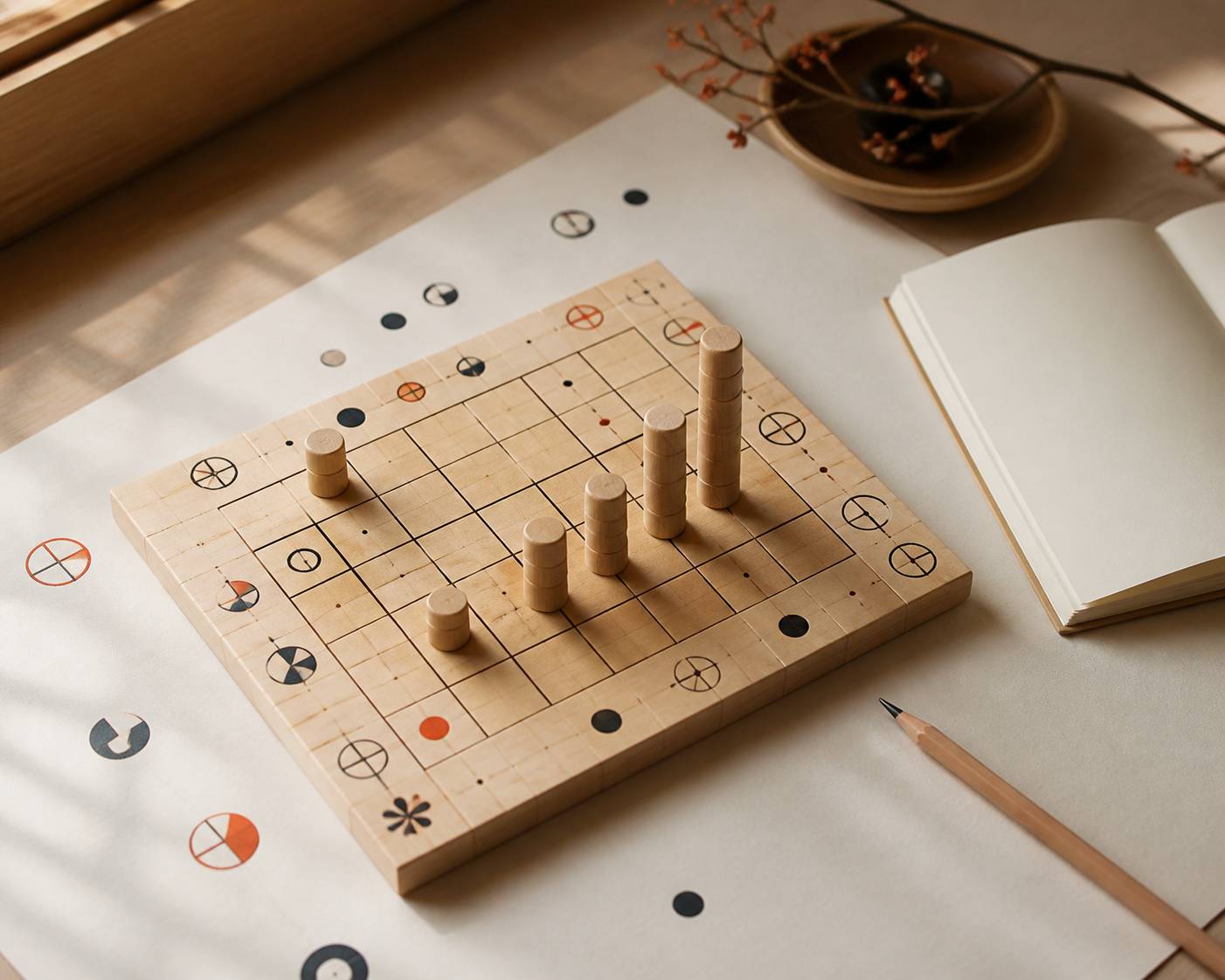 Gros plan sur une grille de jeu avec des tours de hauteurs croissantes et des chiffres