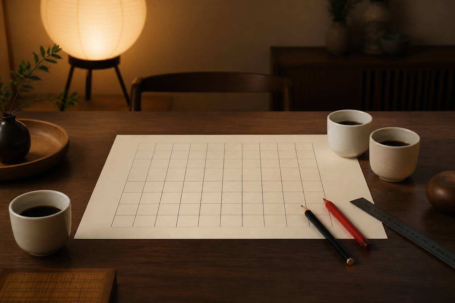 Grille de cases vierges avec crayon et règle sur une table de jeu