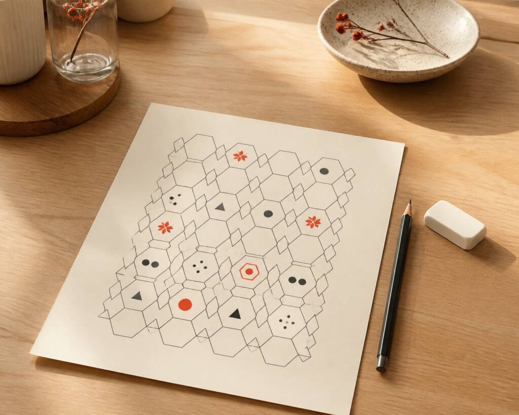 Grille de puzzle hexagonal dessinée au crayon sur papier crème avec gomme