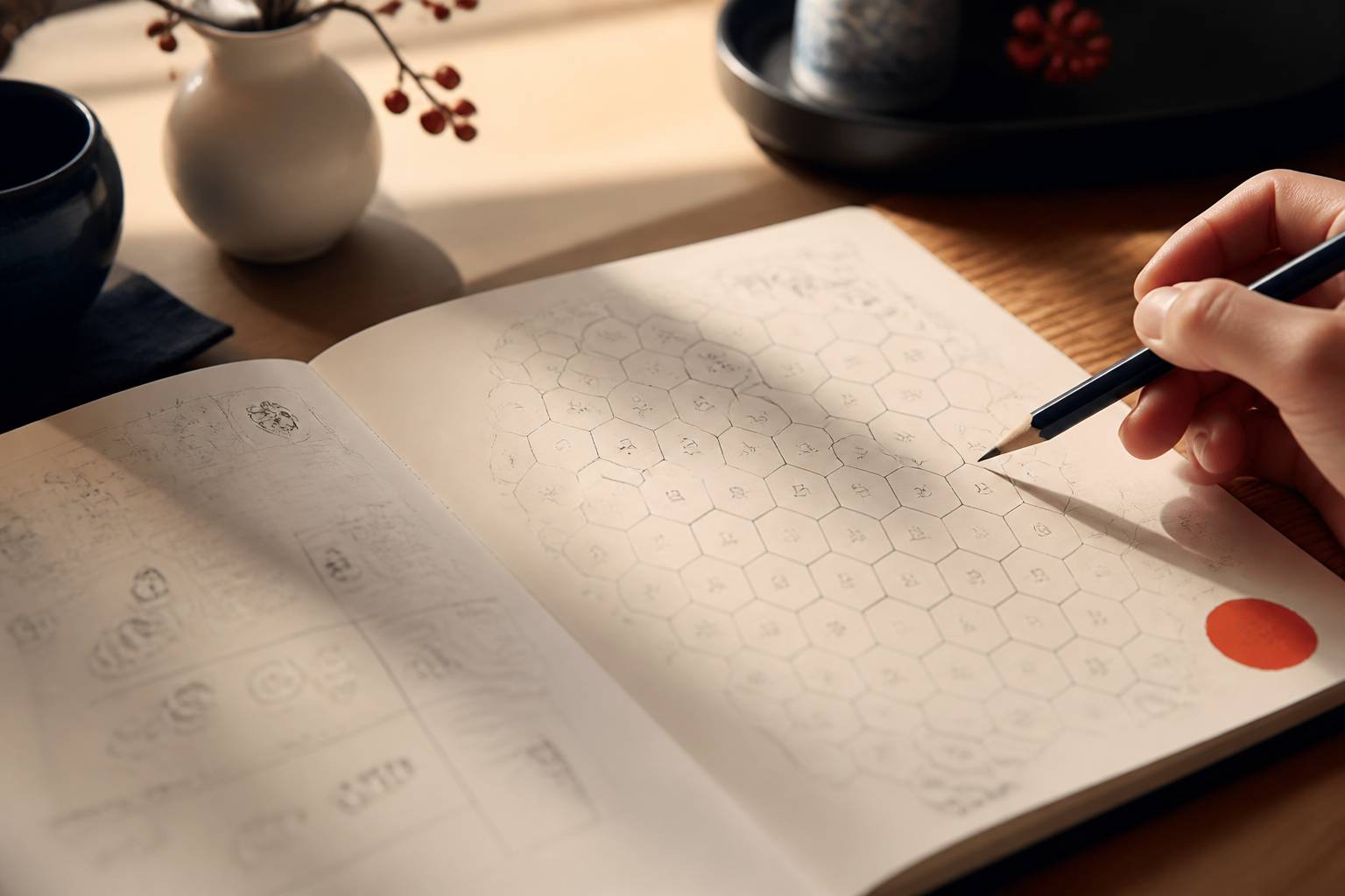 Gros plan d'une grille hexagonale de chiffres avec des annotations au crayon
