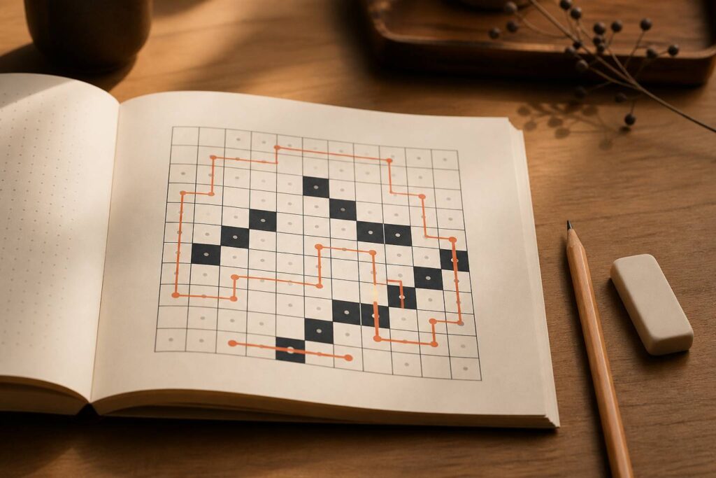 Grille de jeu hidato sur papier crème avec cases numérotées et tracé continu