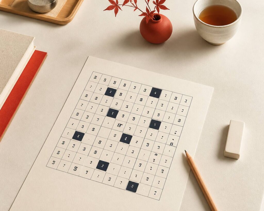 Grille de puzzle hitori avec des cases numérotées et d'autres noircies, un crayon à côté