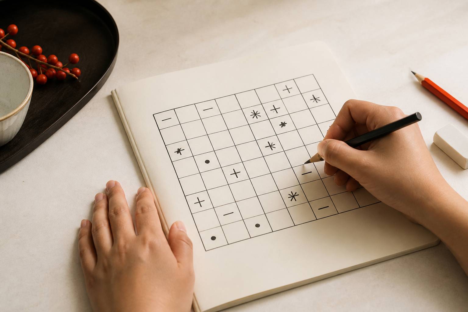 Mains écrivant dans une grille de jeu avec symboles d'opérations stylisés