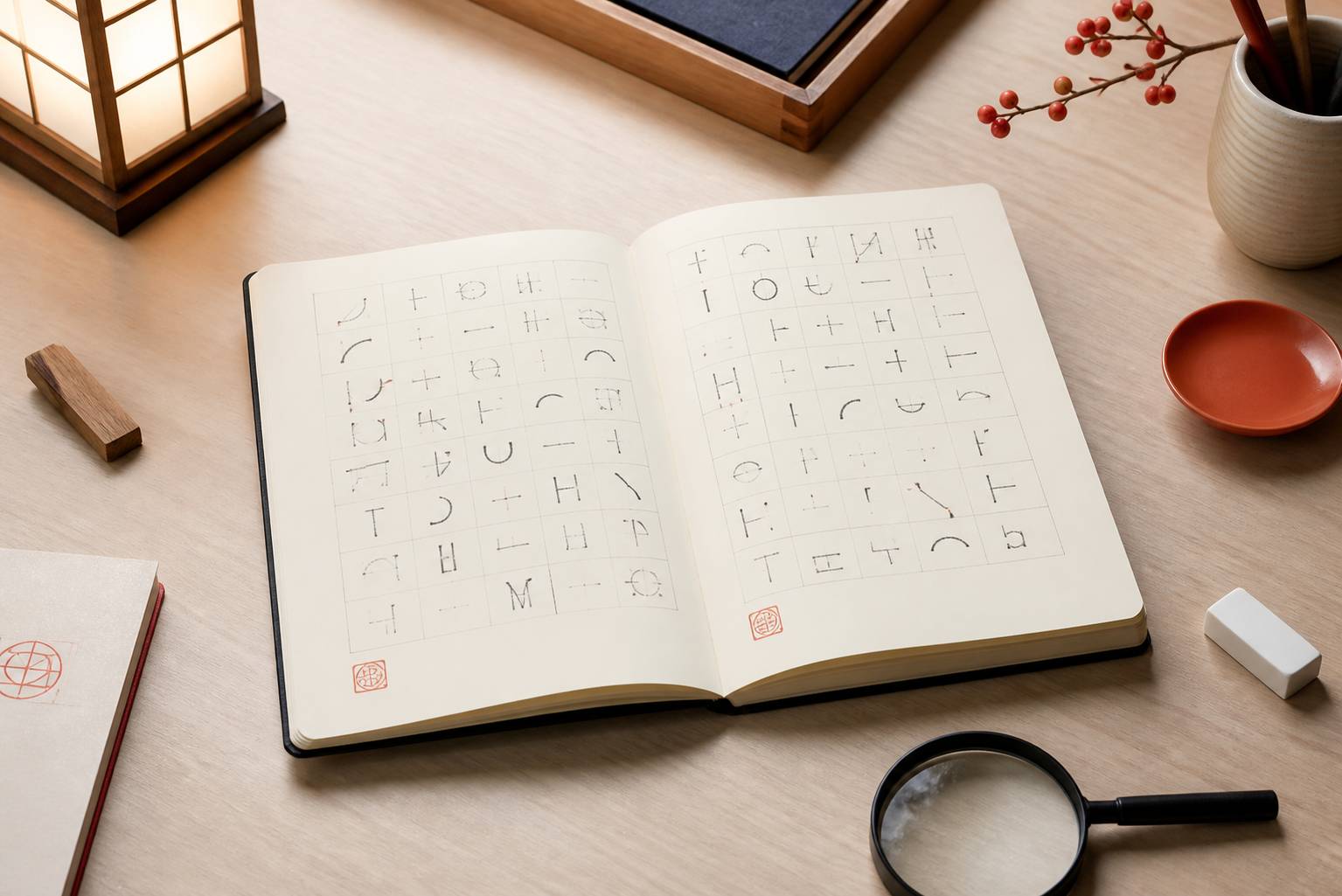 Cahier de jeux avec grille de mots coupés et fragments de syllabes
