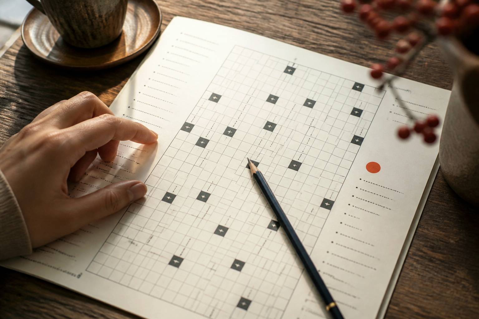 Grille de mots fléchés avec flèches et crayon posé