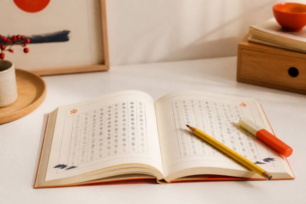 Carnet de mots mêlés avec crayon et surligneur sur papier crème