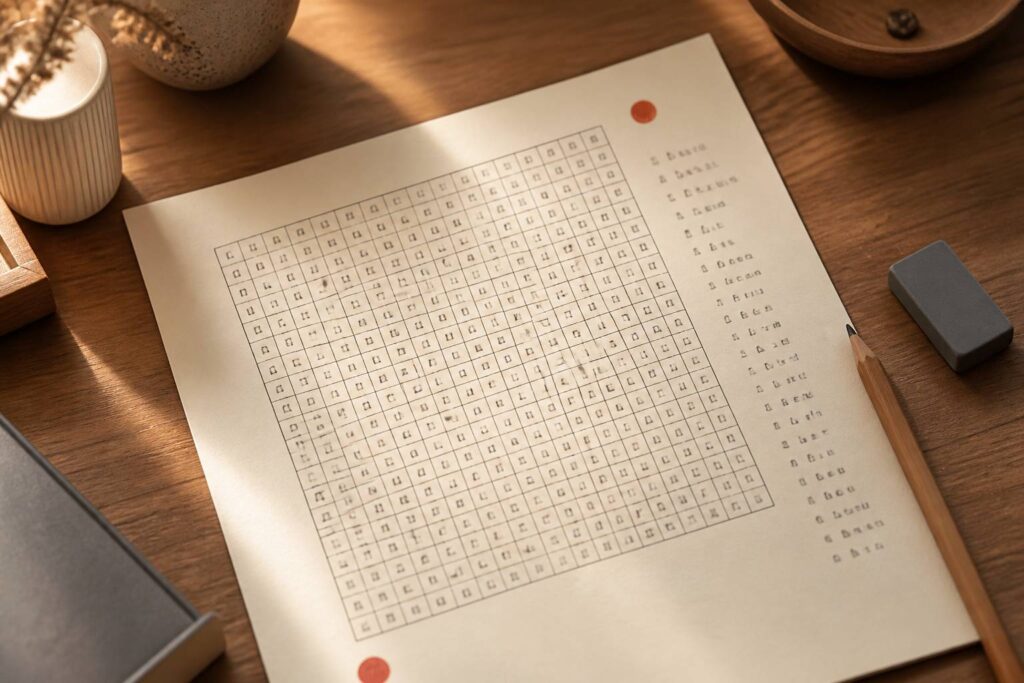 Grille de mots mêlés sur papier avec crayon et gomme sur une table