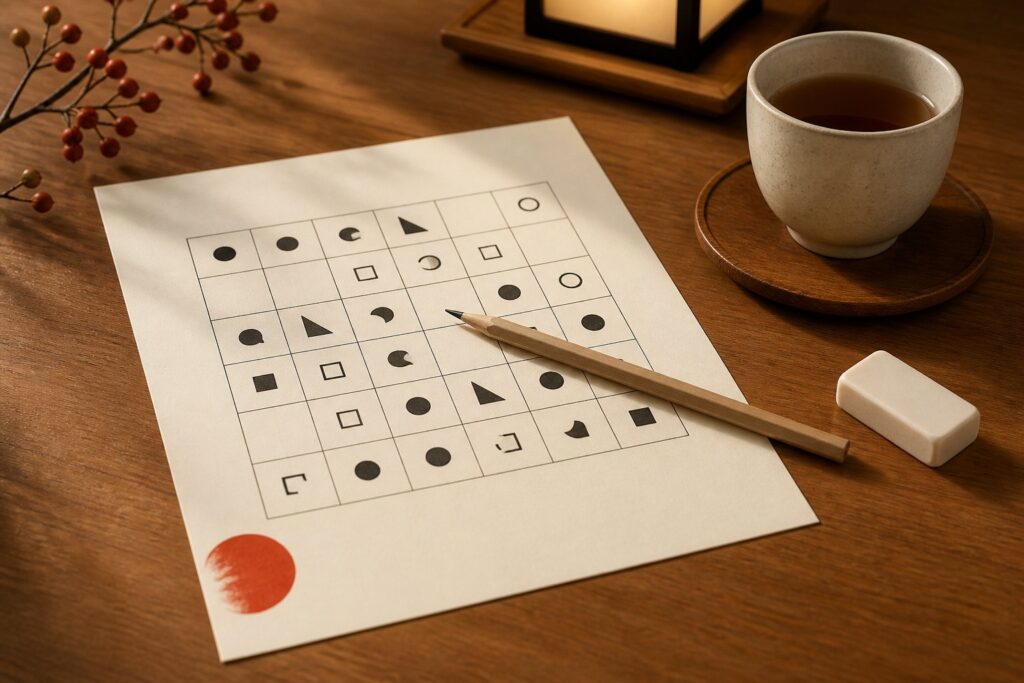 Grille de jeu binaire sur papier crème avec un crayon et une gomme