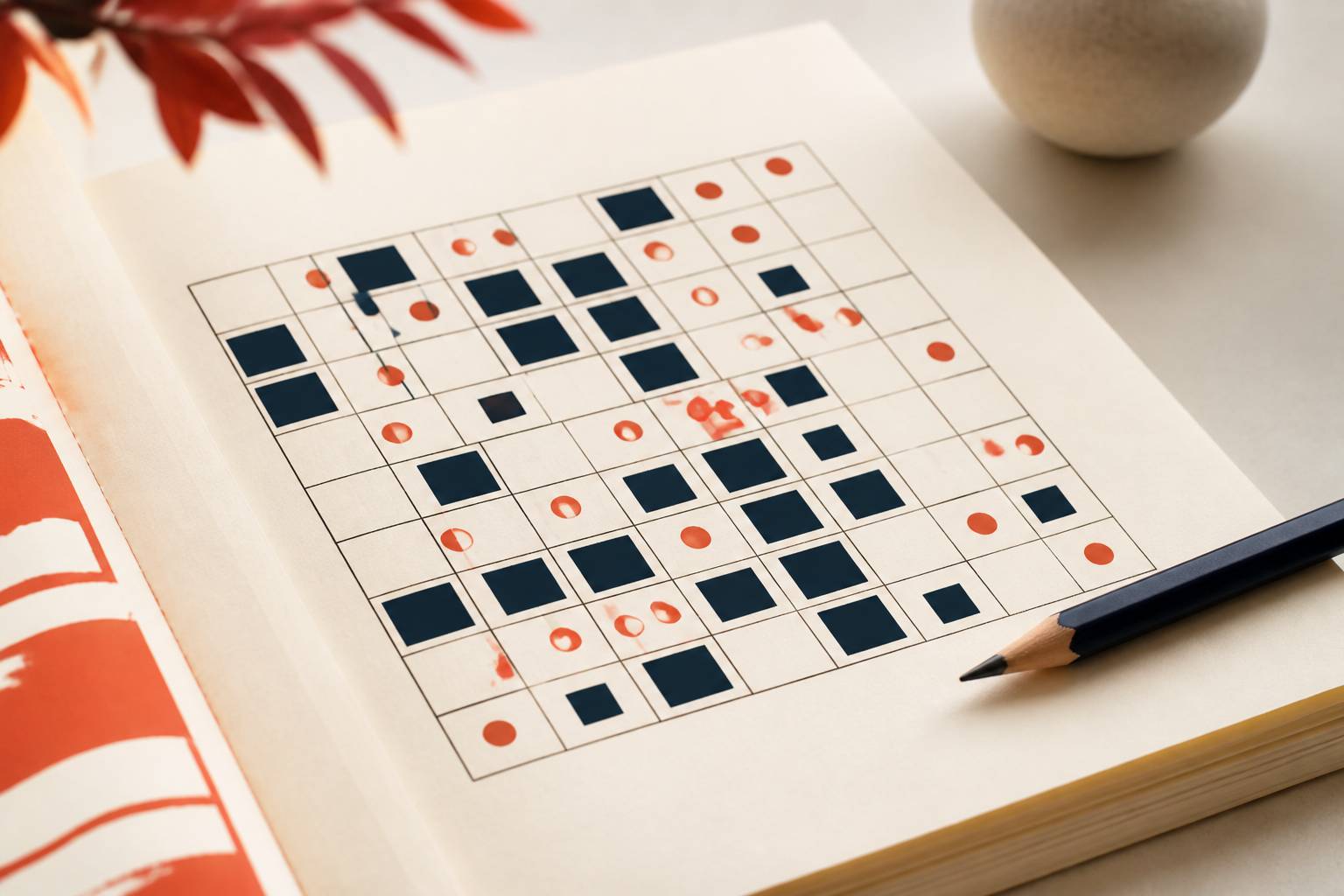 Gros plan sur une grille de takuzu avec un crayon posé