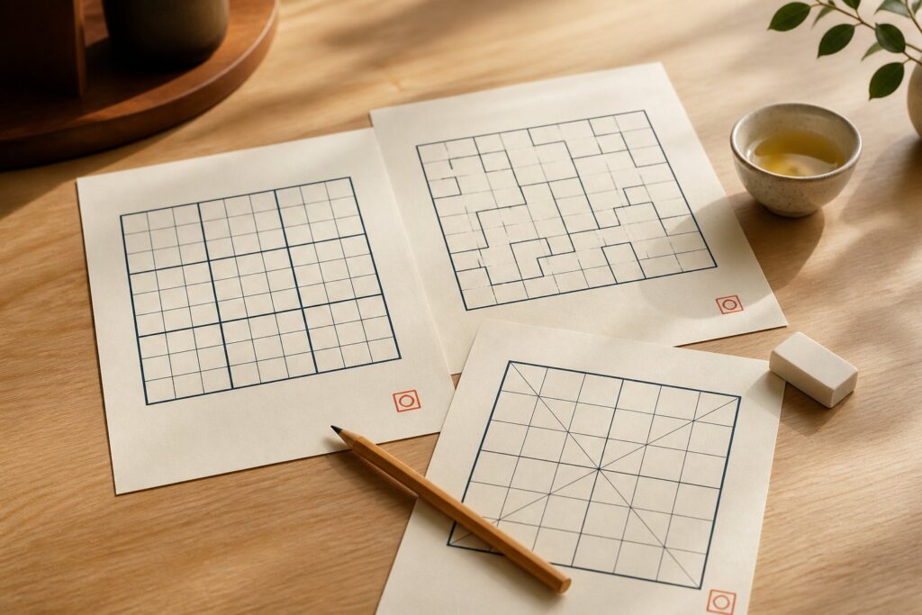 Grilles de sudoku variantes imprimées sur papier crème avec crayon et gomme
