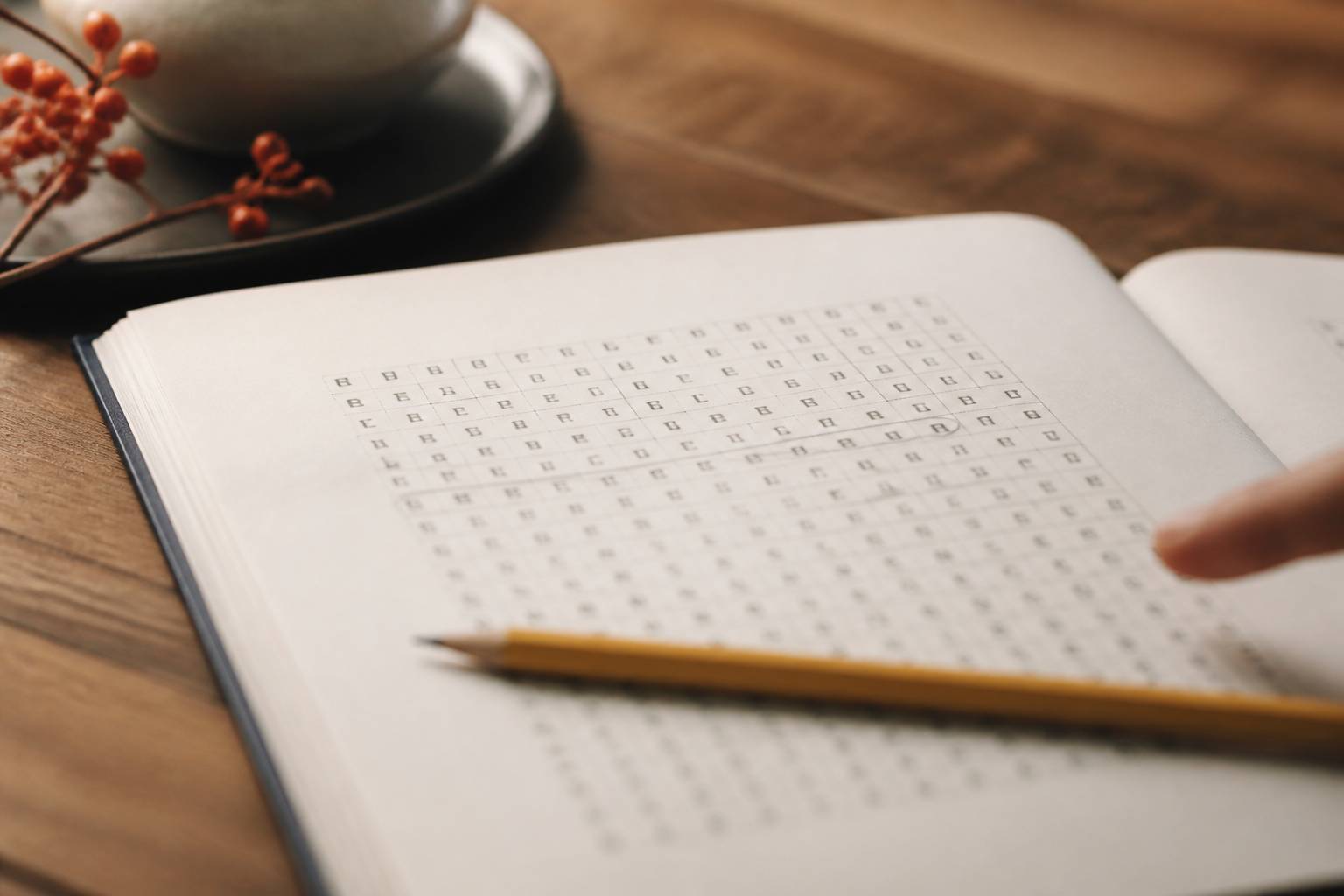 Gros plan sur une grille de mots mêlés avec un mot entouré au crayon