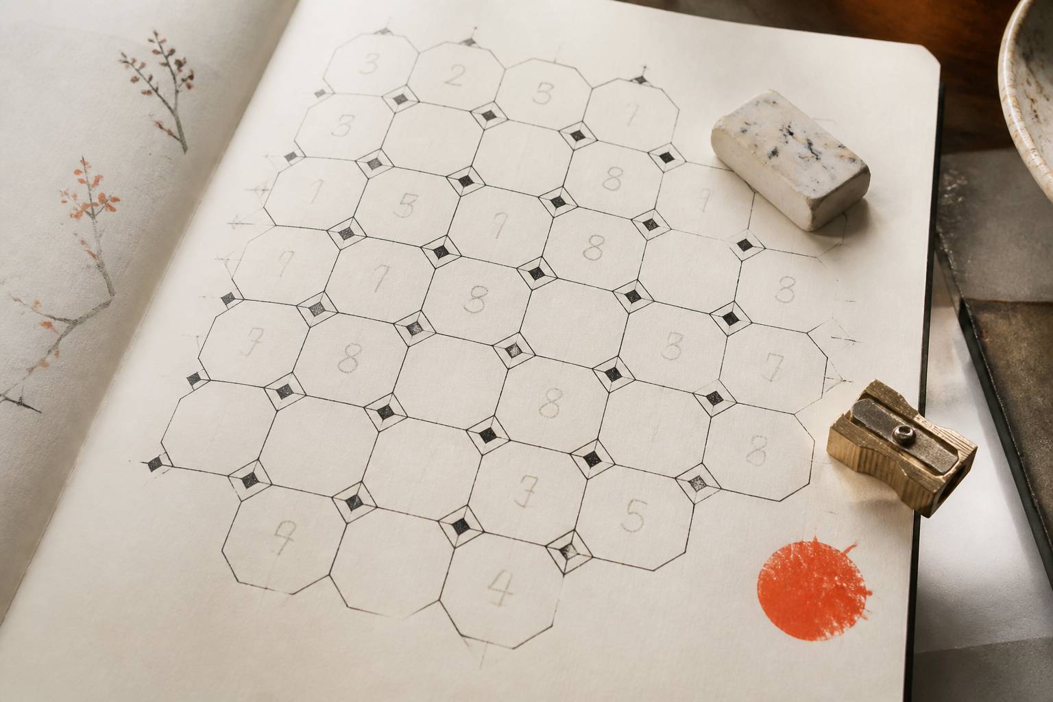 Hexagones numérotés reliés par des losanges sur une grille de jeu