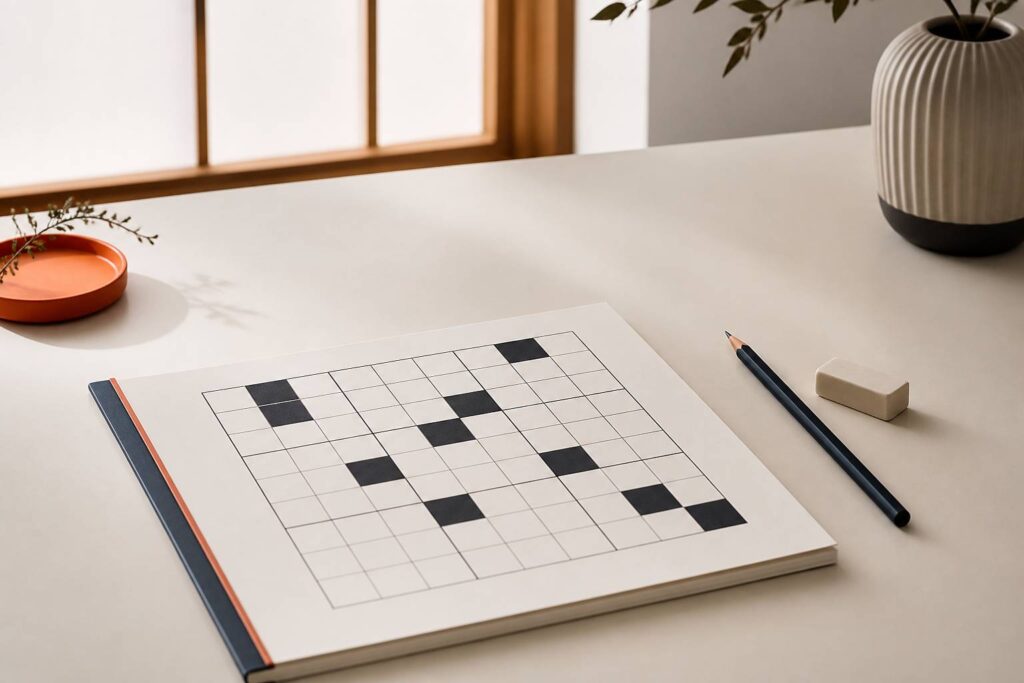 Grille de jeu de logique à cases sur une table avec un crayon et une gomme