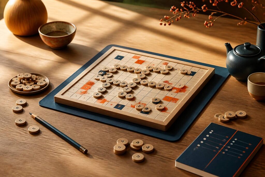 Grille de lettres en bois pour un jeu de mots casés sur une table