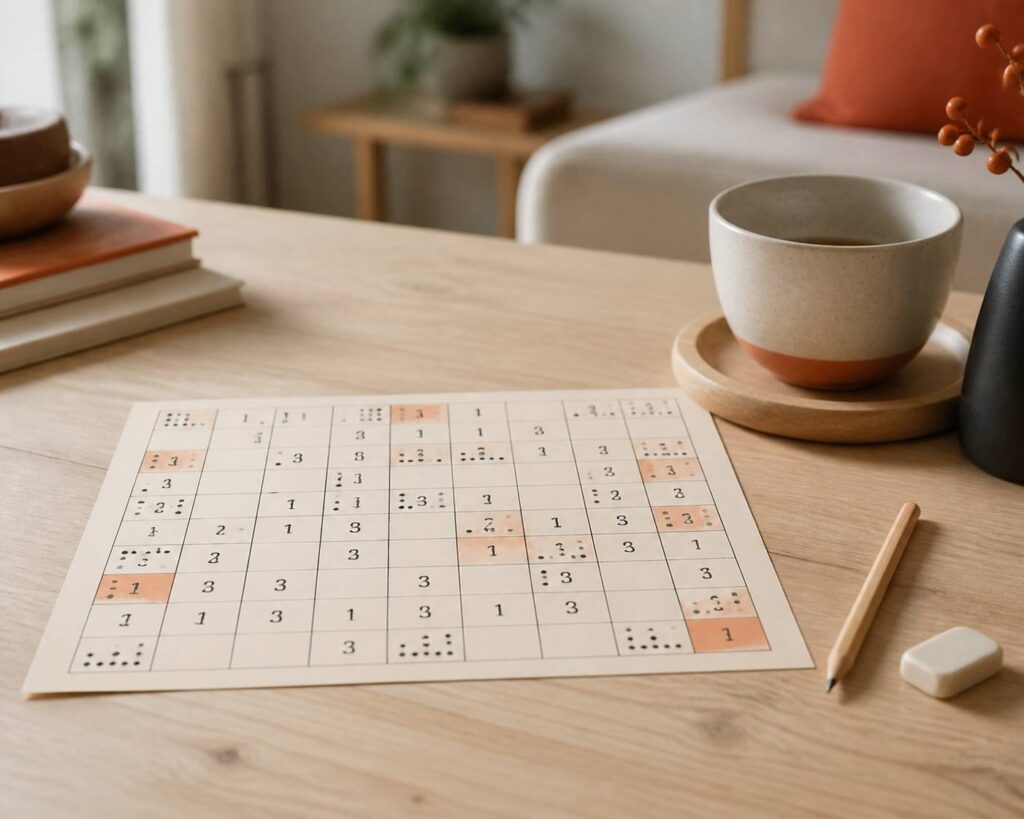 Grille de jeu Kamaji imprimée avec des sommes à barrer, un crayon et une gomme sur une table