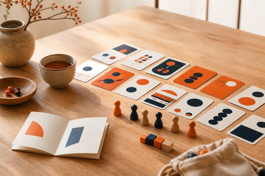 Jeu de cartes numérotées disposé sur une table en bois avec des pions colorés