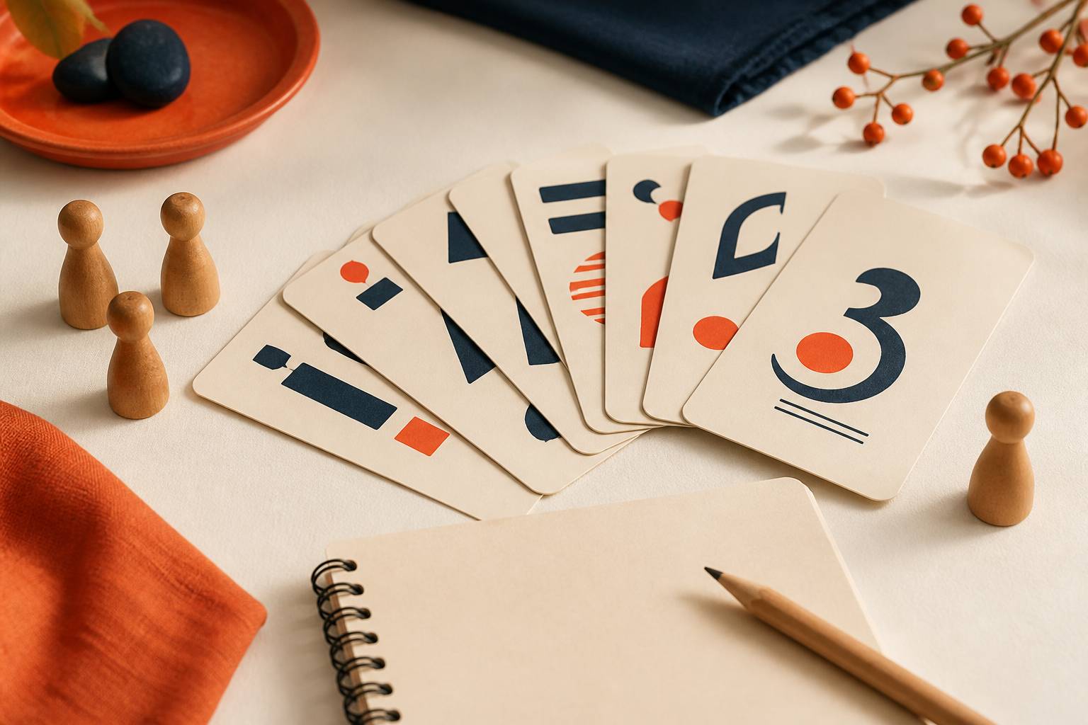 Cartes numérotées et pions du jeu de société en cours de partie sur une table chaleureuse