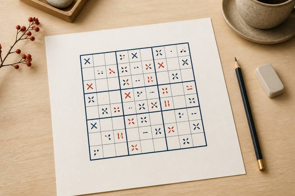 Grille de jeu à cases épaisses sur papier crème avec crayon et gomme