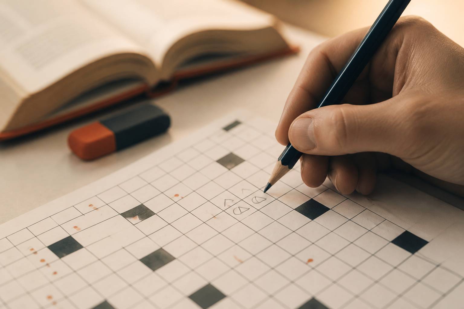 Main écrivant une lettre au crayon dans une grille de mots croisés