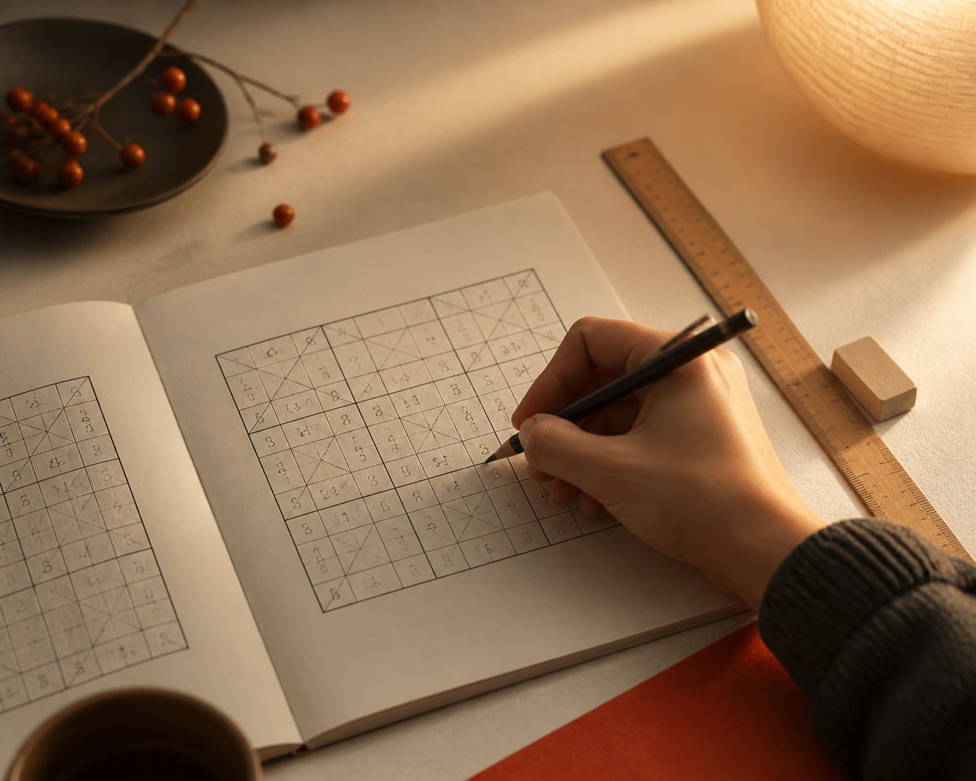 Main remplissant au crayon une grille de sudoku à diagonales sur papier crème