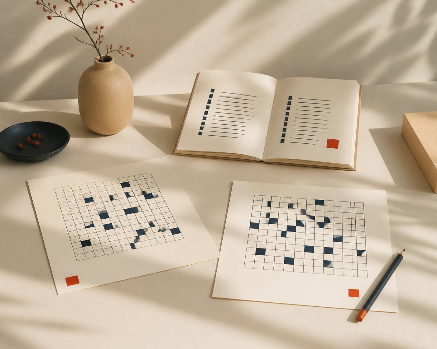 Grilles de mots croisés et carnet de définitions sur une table