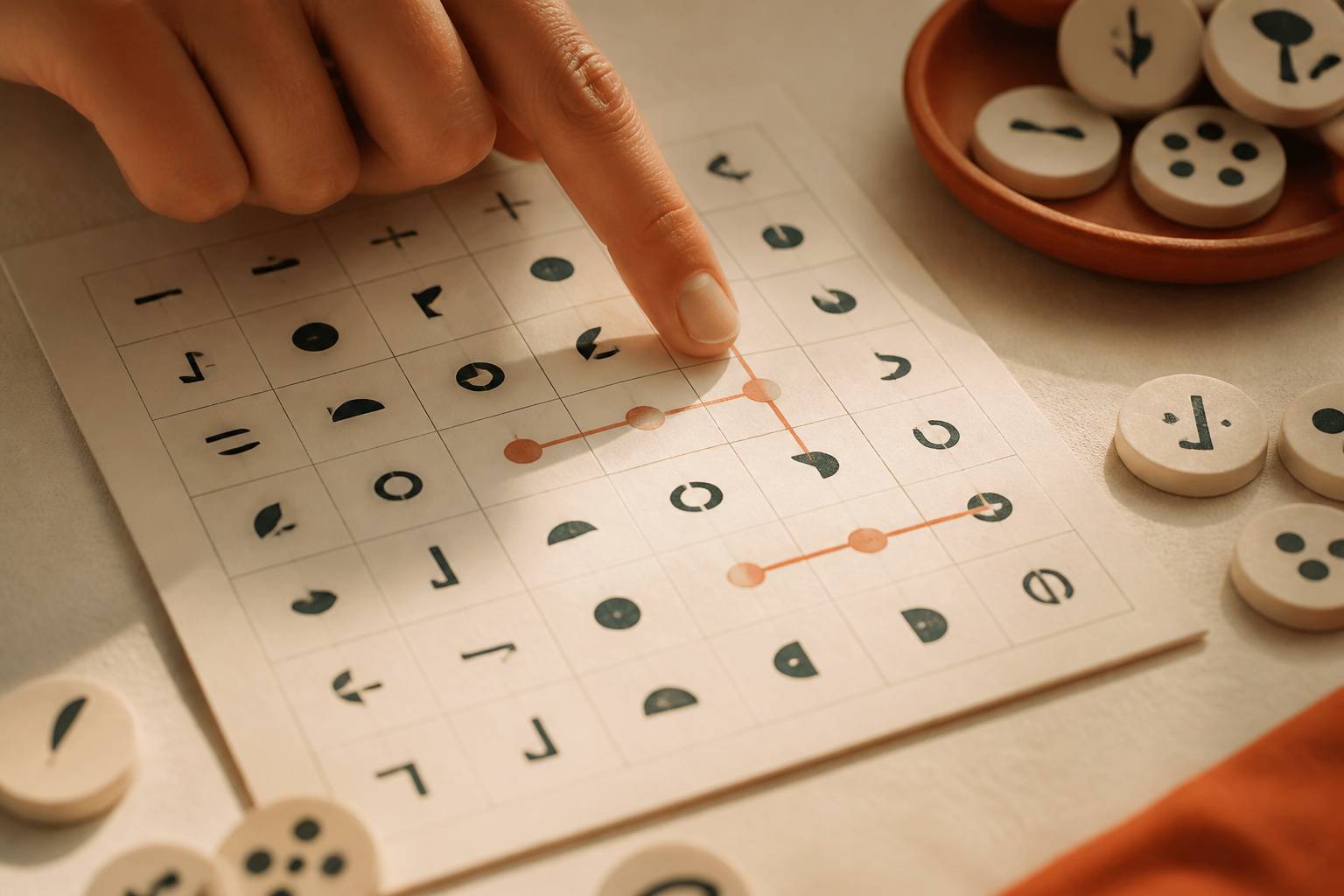 Doigt traçant un mot sur une grille de lettres adjacentes