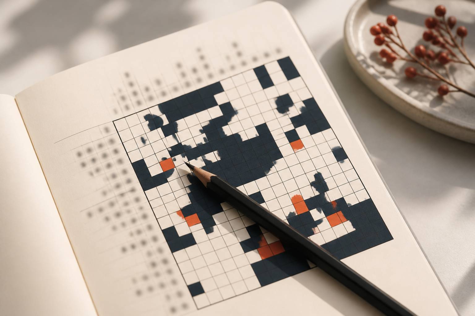 Grille picross avec cases noires et blanches et crayon posé