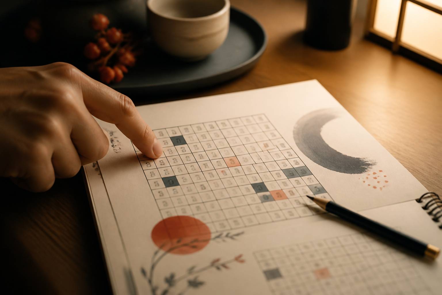 Vue rapprochée d'une grille hidato partiellement remplie avec crayon sur cahier de jeux