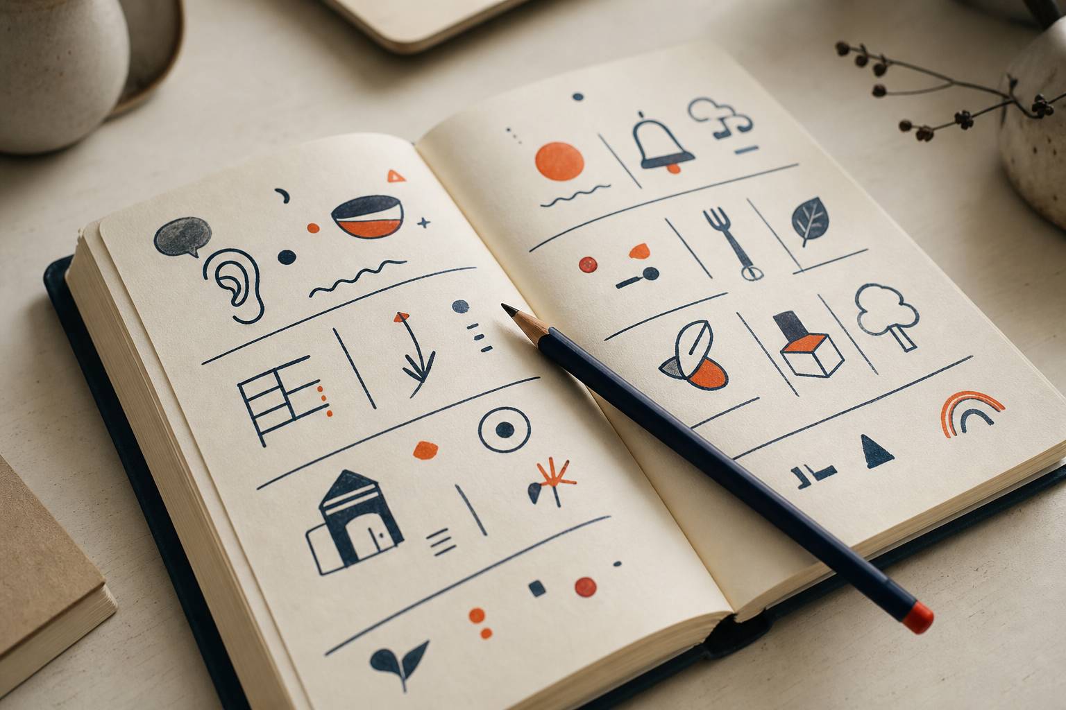Gros plan sur des symboles phonétiques de rébus dessinés au crayon sur papier crème texturé