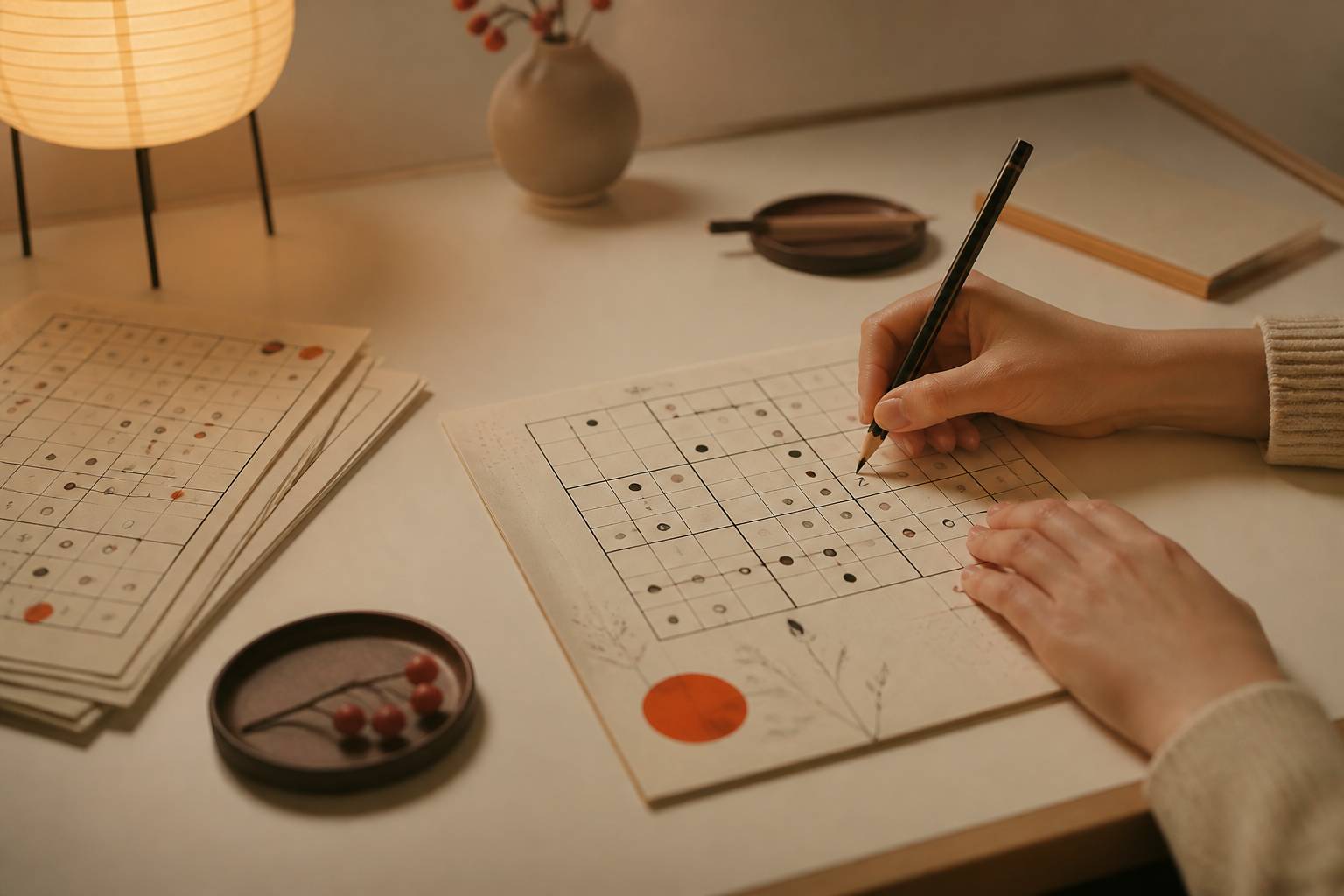 Mains anonymes écrivant un chiffre dans une grille de jeu avec un crayon à papier