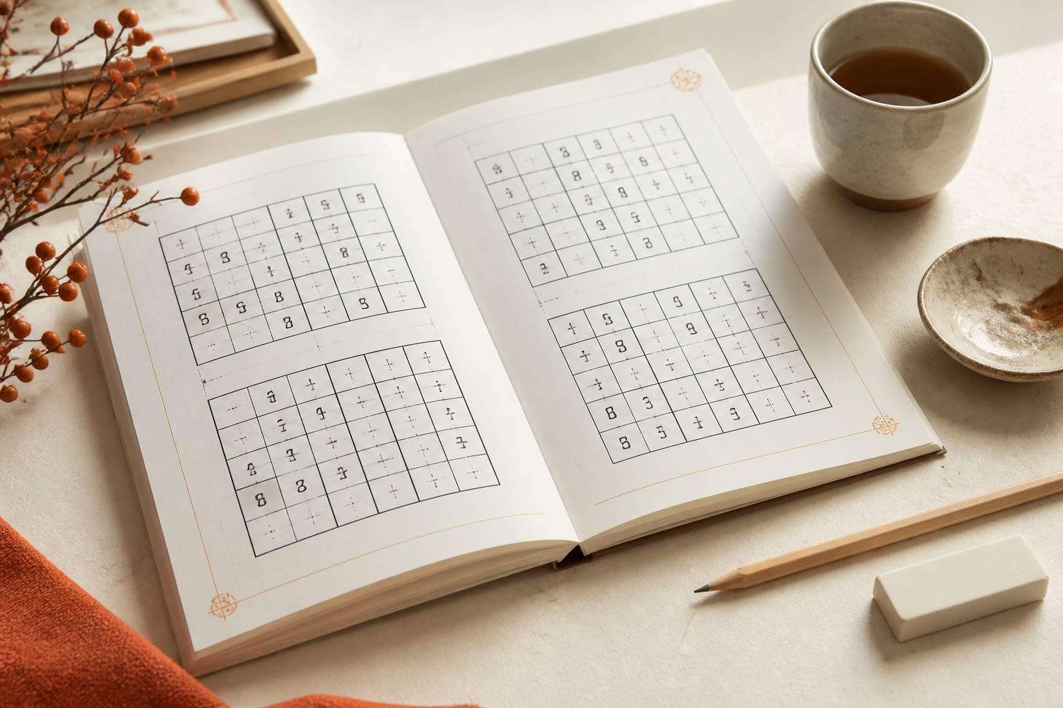 Cahier de jeux ouvert avec une grille Futoshiki en cours de résolution, crayon et gomme