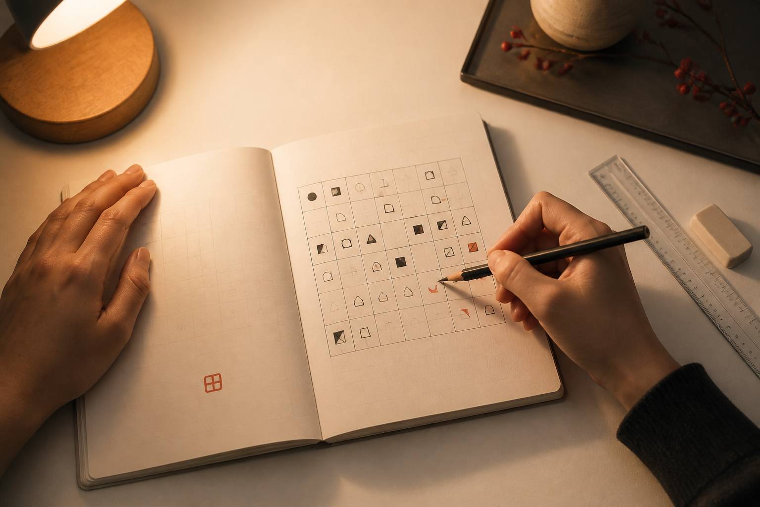 Main tenant un crayon au-dessus d'une grille de puzzle