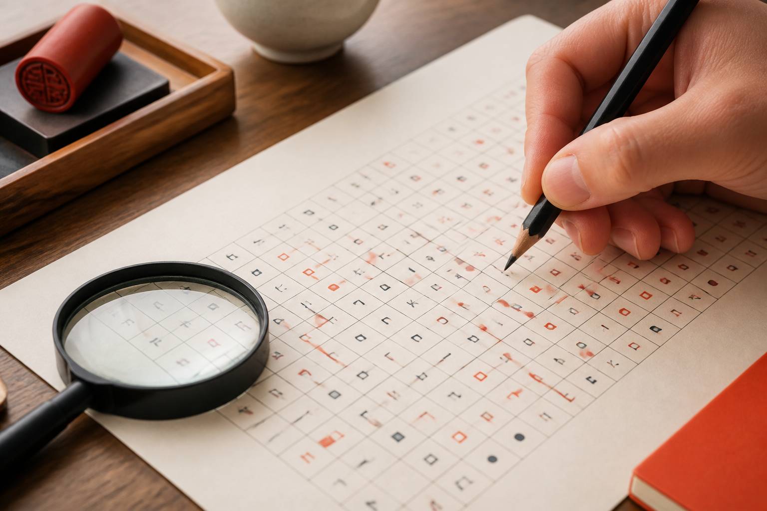 Main écrivant des lettres dans une grille de mots codés avec une loupe