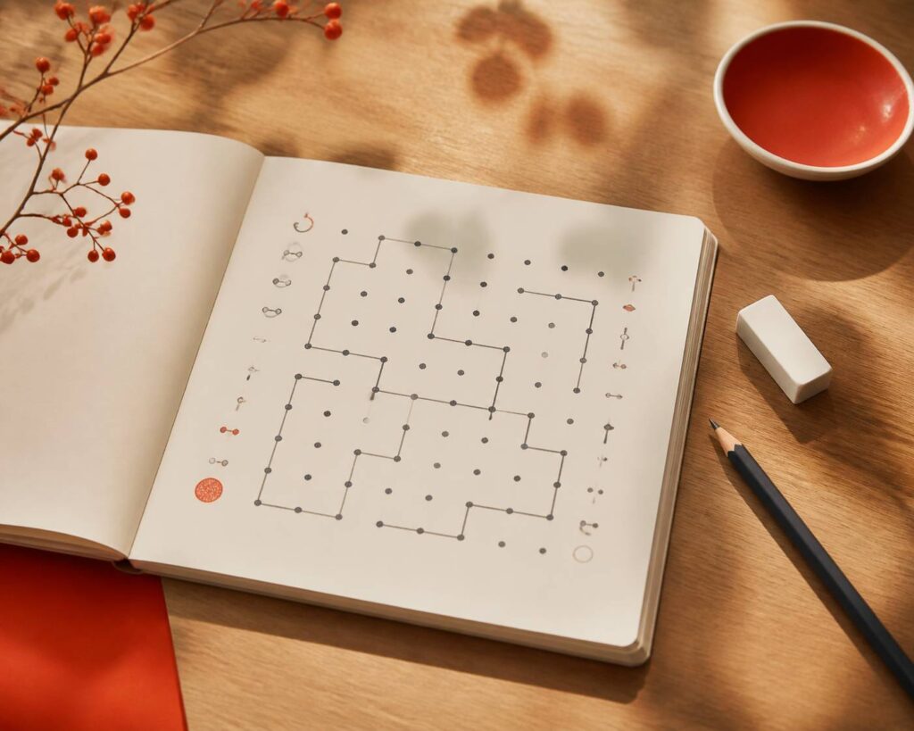 Grille de jeu de logique avec des segments tracés au crayon