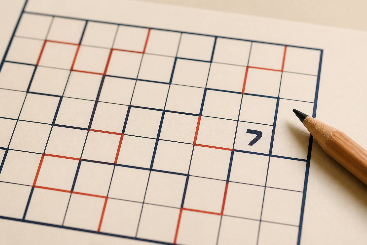 Gros plan de grille suguru avec un chiffre et une pointe de crayon