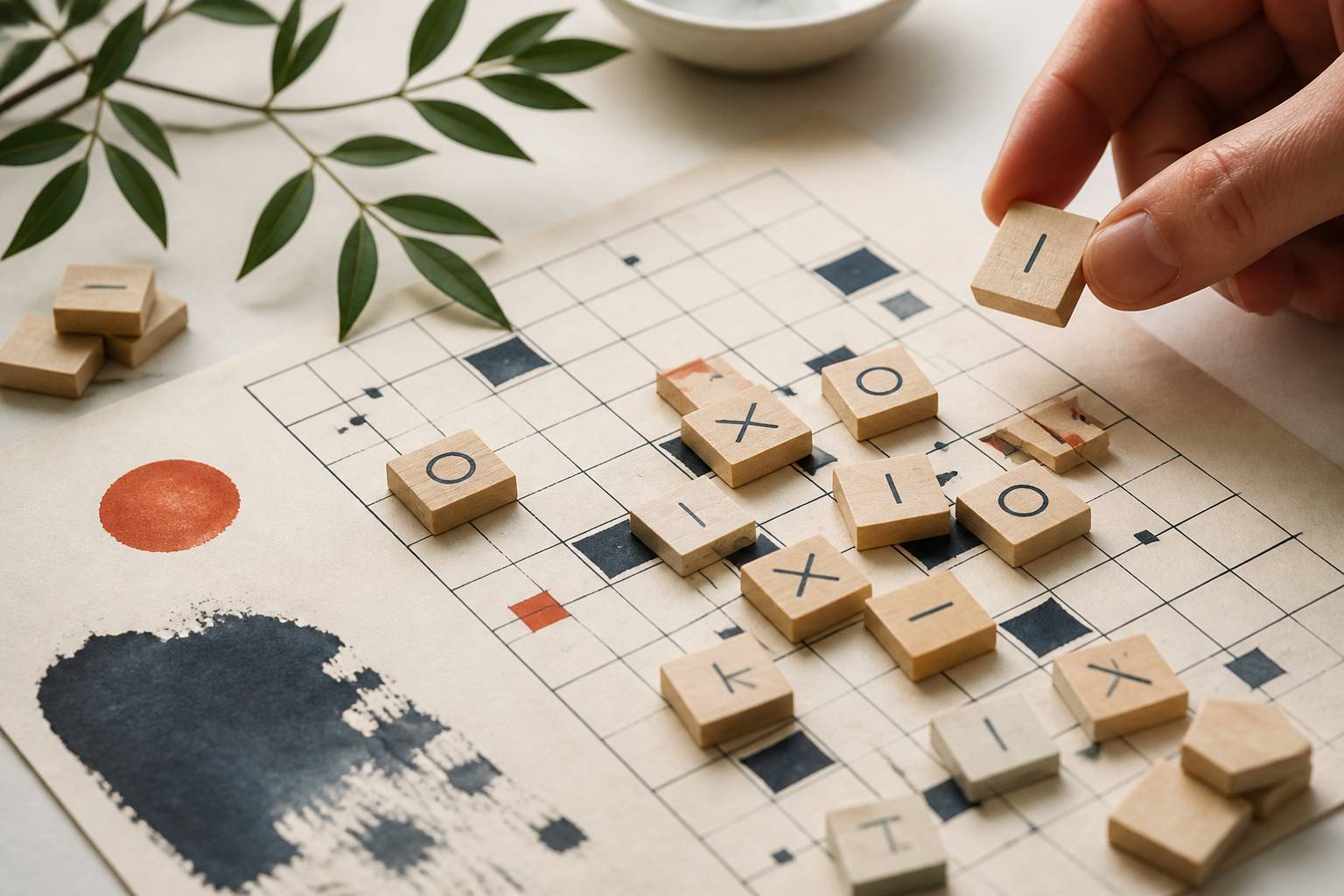 Main tenant une tuile de lettre au-dessus d'une grille de jeu de mots