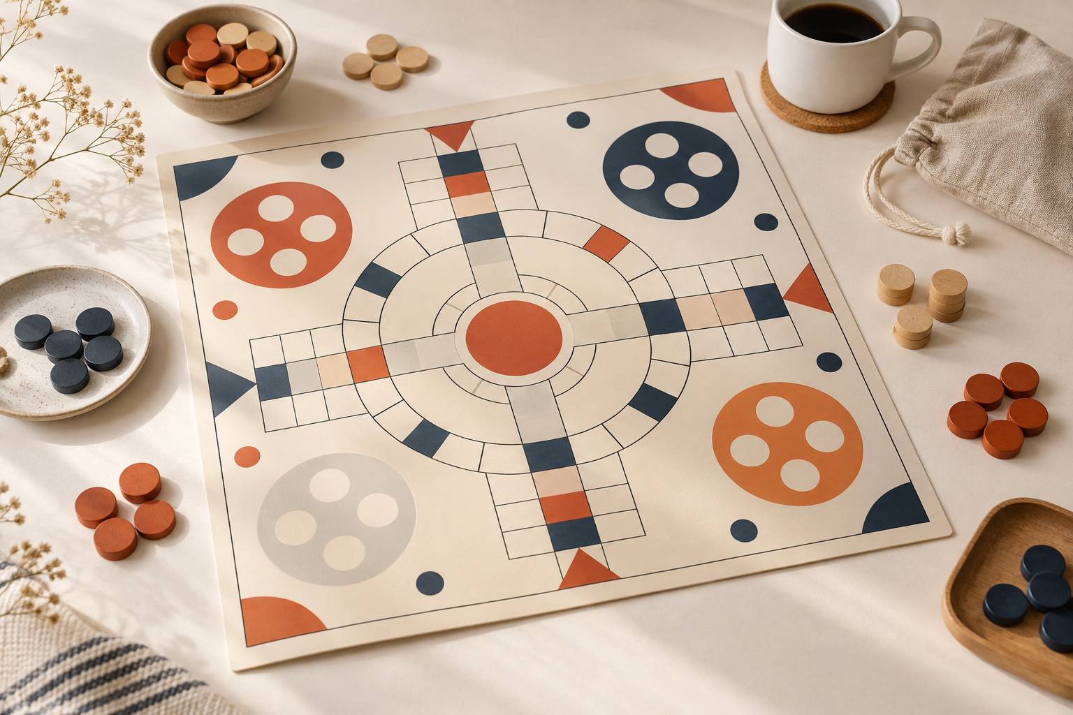 Jetons en bois groupés sur un tapis de jeu en lumière naturelle