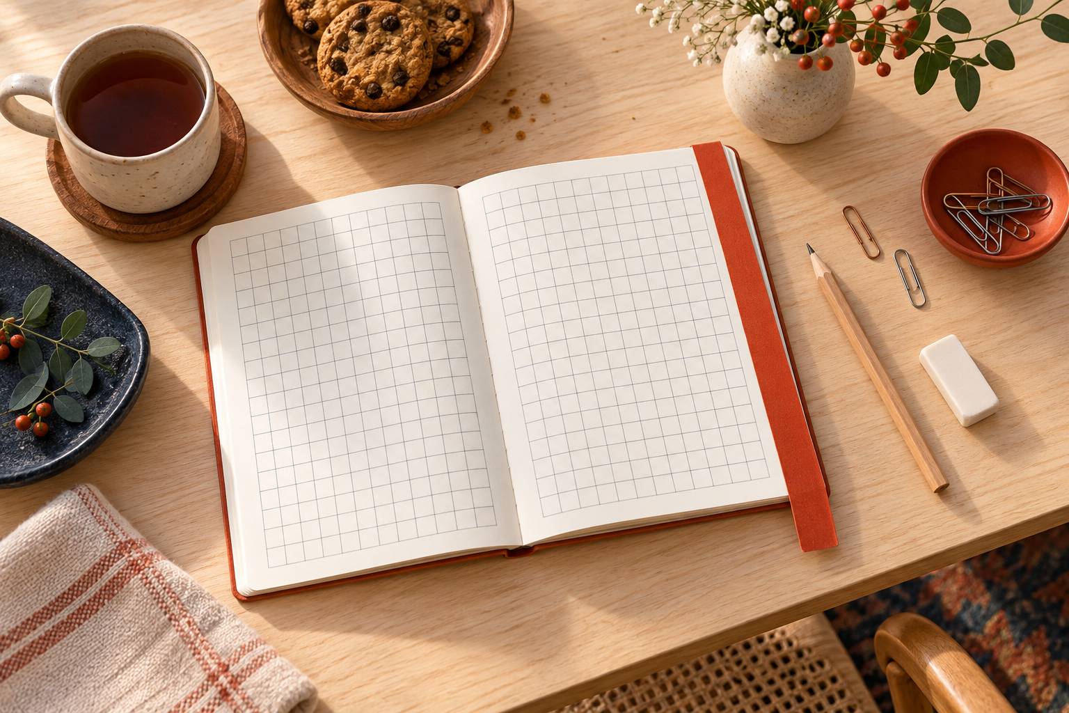 Carnet de jeux ouvert avec grille quadrillee vierge et crayon en bois